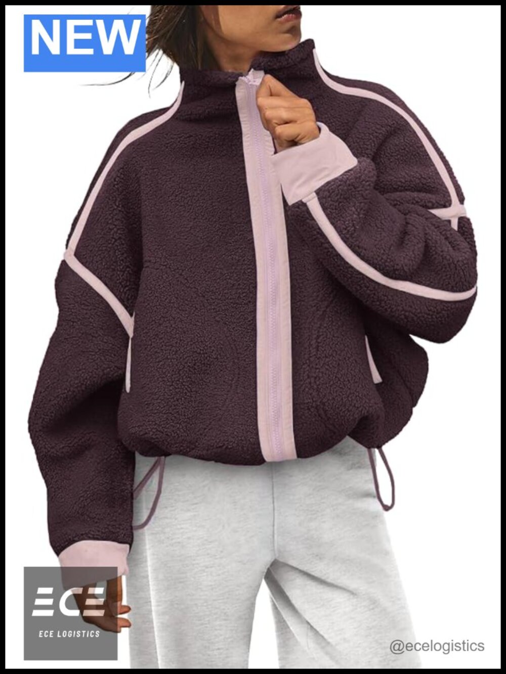 Women's Fleece Jacket Zip Up Stand Collar Oversized Coat with Pockets